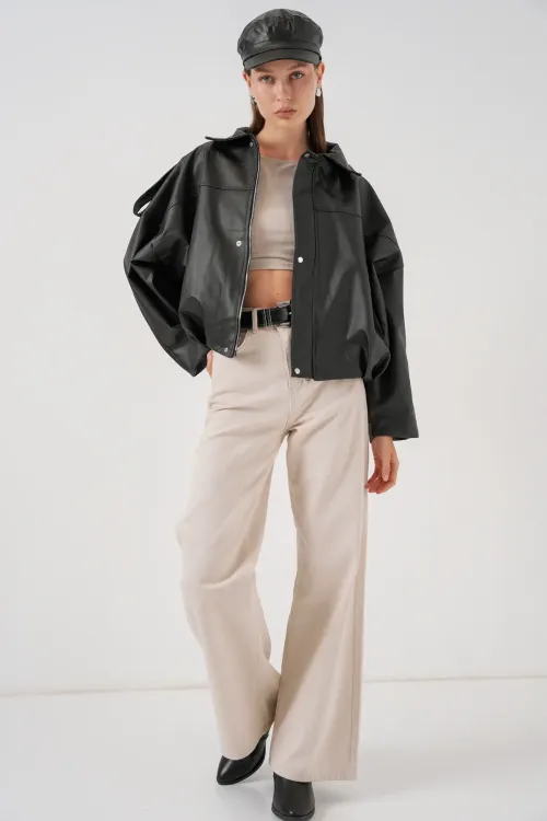Kadın Oversize Deri Ceket 1055 - Siyah