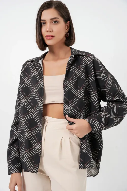Kadın Oversize Desenli Gömlek 20372 - Siyah