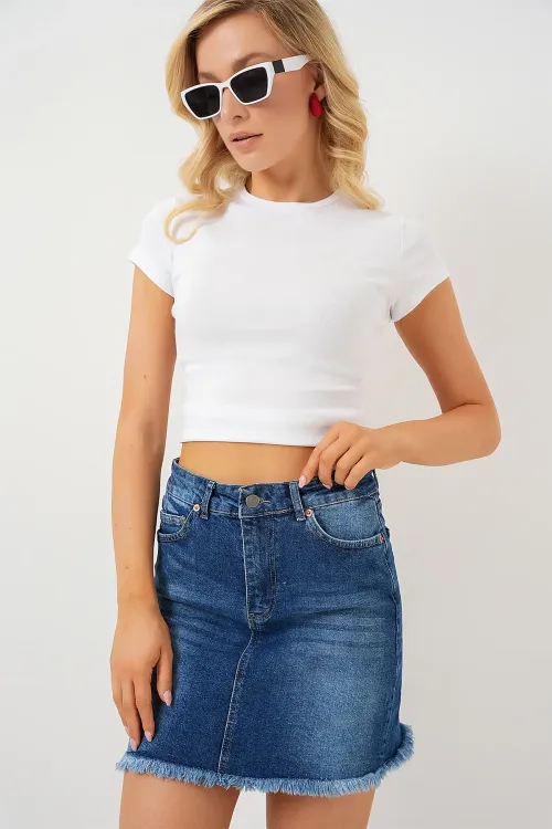 Kadın Püsküllü Mini Kot Etek 8051 - Lacivert