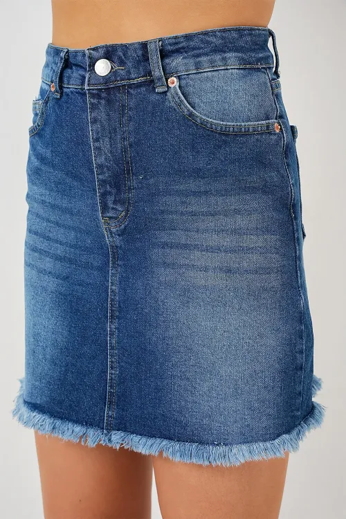 Kadın Püsküllü Mini Kot Etek 8051 - Lacivert