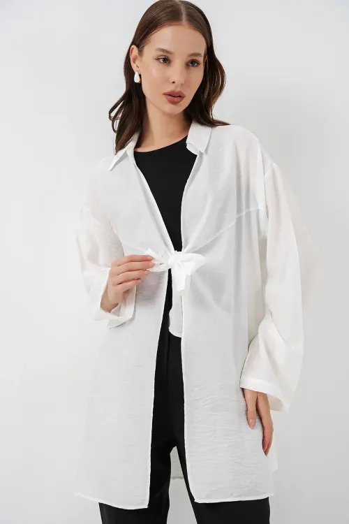 Kadın Salaş Bağcıklı Kimono 5981 - Beyaz