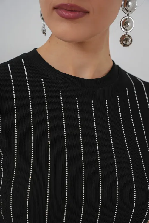 Kadın Sıfır Kol Taşlı Bluz 931 - Siyah