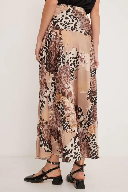 Kadın Sütlü Kahve Desenli Saten Etek 15877