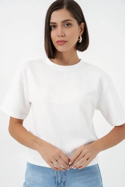 Kadın Taş Detaylı Tişört 990 - Beyaz