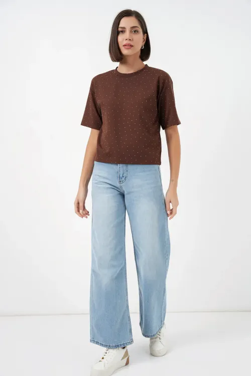 Kadın Taş Detaylı Tişört 990 - Kahverengi