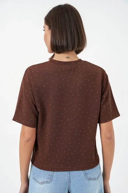 Kadın Taş Detaylı Tişört 990 - Kahverengi