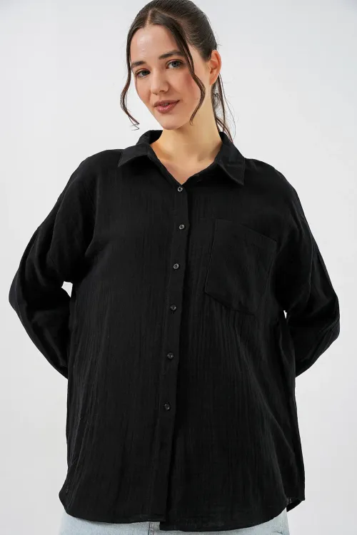 Kadın Tek Cepli Oversize Müslin Gömlek 20353 - Siyah