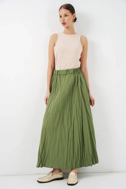Kadın Uzun Kırışık Etek 8042 - A.Haki