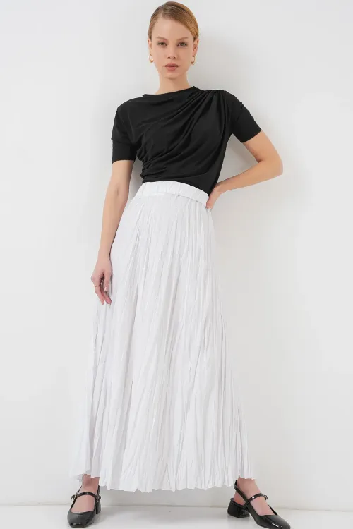 Kadın Uzun Kırışık Etek 8042 - Beyaz