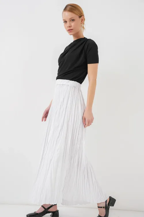 Kadın Uzun Kırışık Etek 8042 - Beyaz