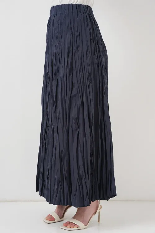 Kadın Uzun Kırışık Etek 8042 - Lacivert