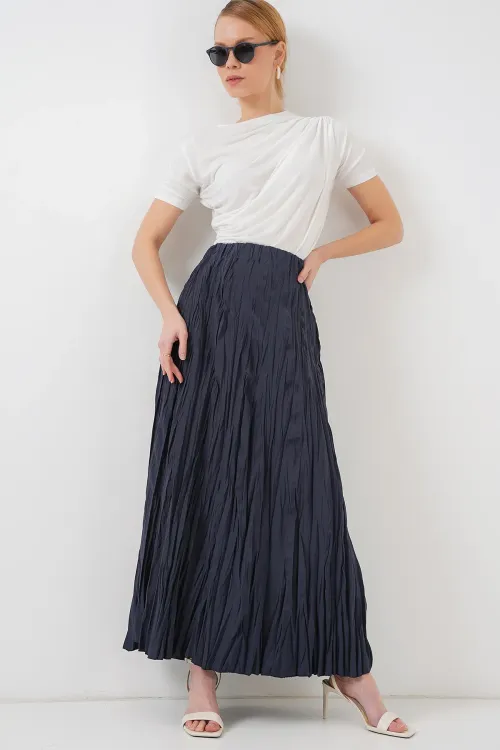 Kadın Uzun Kırışık Etek 8042 - Lacivert