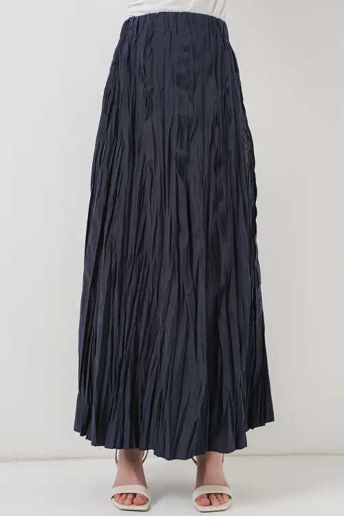 Kadın Uzun Kırışık Etek 8042 - Lacivert