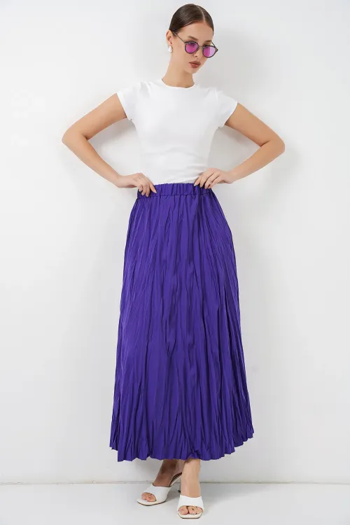 Kadın Uzun Kırışık Etek 8042 - Mor