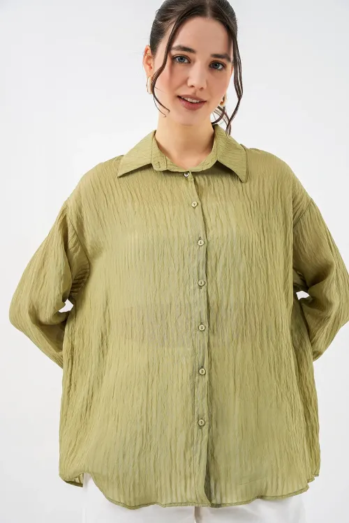 Kadın Uzun Oversize Gömlek 20320 - Çağla