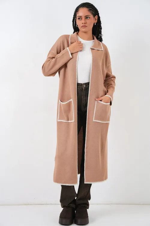 Kadın Uzun Oversize Triko Hırka 15962 - Camel