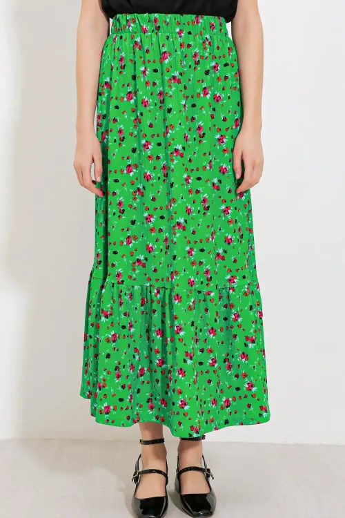 Kadın Yeşil Çiçek Desenli Uzun Örme Etek 1886