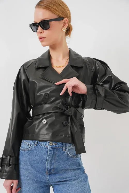 Kemerli Siyah Suni Deri Ceket 0698