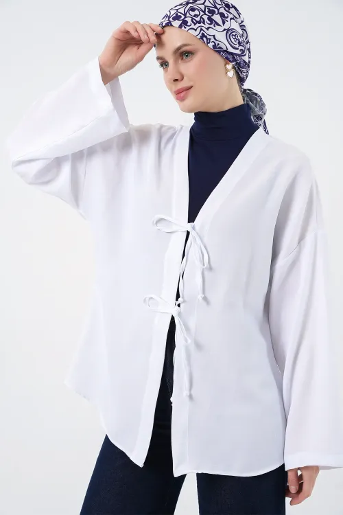 Keten Tesettür Kimono 5968 - Beyaz