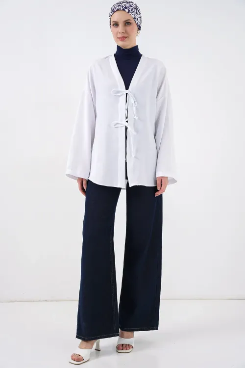 Keten Tesettür Kimono 5968 - Beyaz