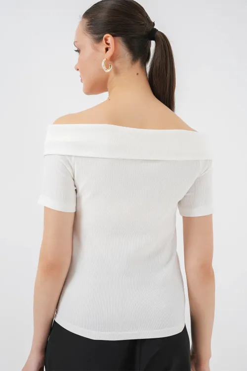 Kurdele Detaylı Örme Bluz 949 - Beyaz