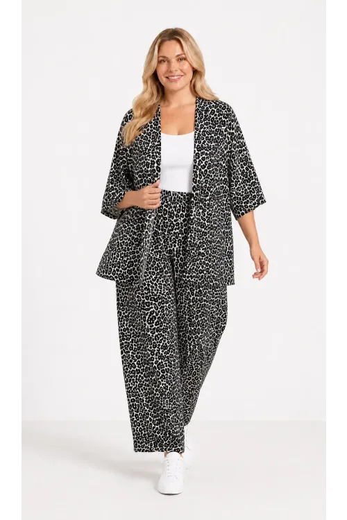 Kadın Büyük Beden Leopar Desenli Bej Kimono Takım HZL26S-PR10181