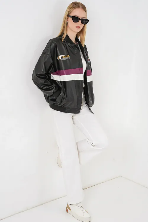 0698 Baskılı Suni Deri Bomber Ceket - Bordo