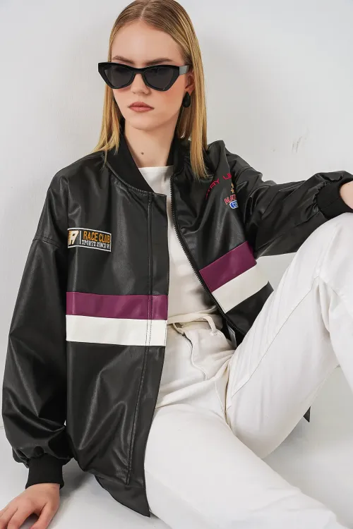 0698 Baskılı Suni Deri Bomber Ceket - Bordo