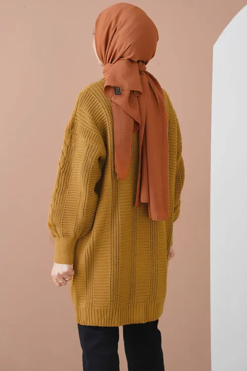 15768 Tesettür Triko Hırka - Hardal