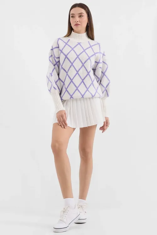 15889 Balıkçı Yaka Oversize Triko Kazak - Lila