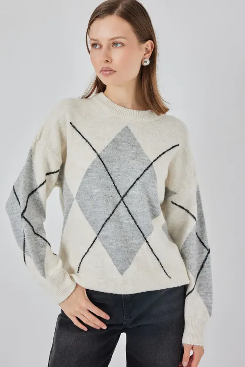 15895 Baklava Desenli Oversize Triko Kazak - M. Krem