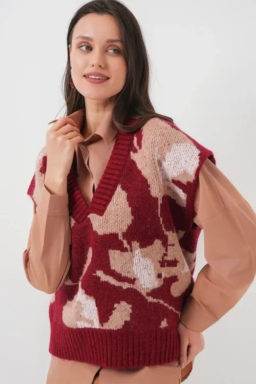 15923 Kadın Oversize Triko Süveter - Bordo