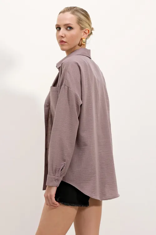 20153 Tek Cepli Oversize Keten Gömlek - Koyu Lila