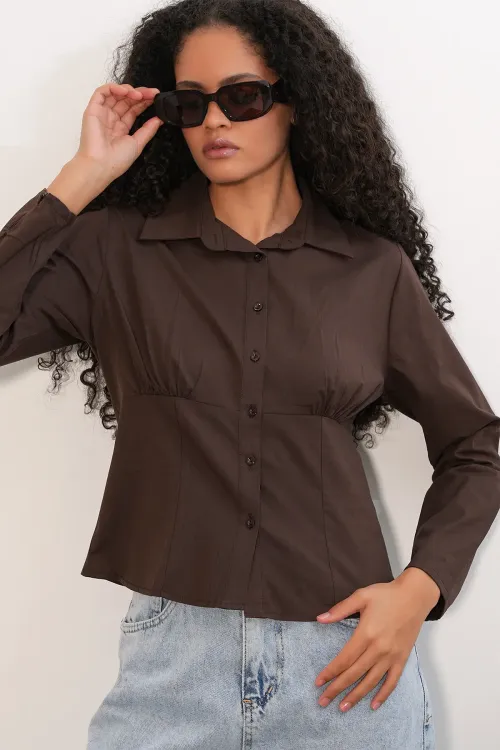 20231 Slim Fit Poplin Gömlek - Kahverengi