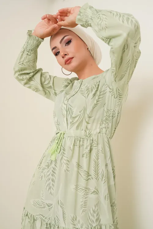 2145 Desenli Tesettür Elbise - E.Yeşil
