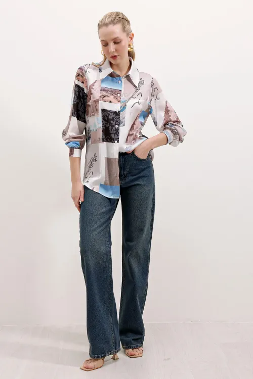 3964 Hafif Dökümlü Saten Gömlek - A.Bej