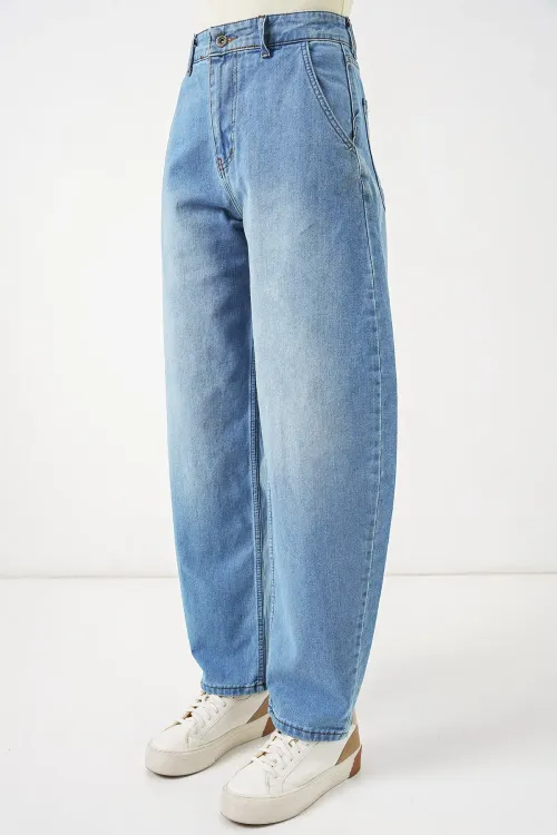 6689 Kadın Yüksek Bel Baggy Kot Pantolon - Açık Mavi
