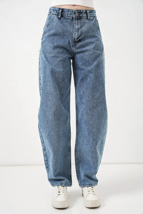 6689 Kadın Yüksek Bel Baggy Kot Pantolon - Mavi