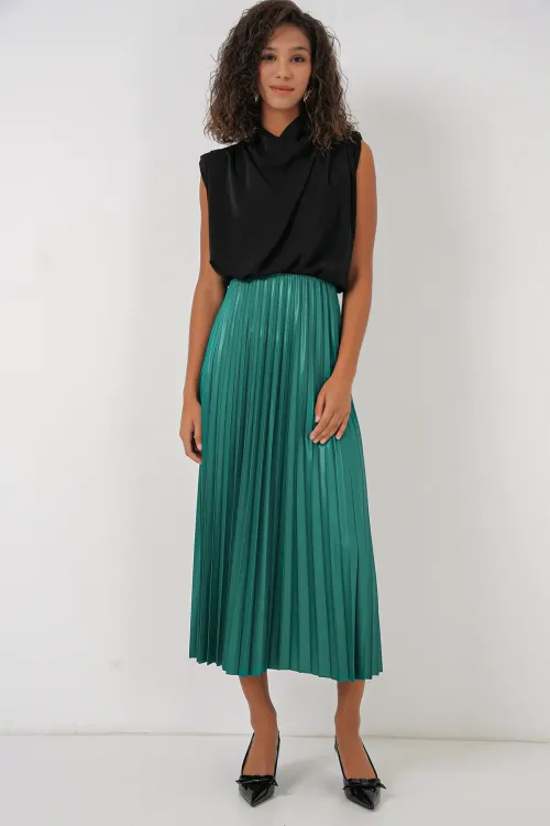 8009 Deri Görünümlü Piliseli Etek - Yeşil