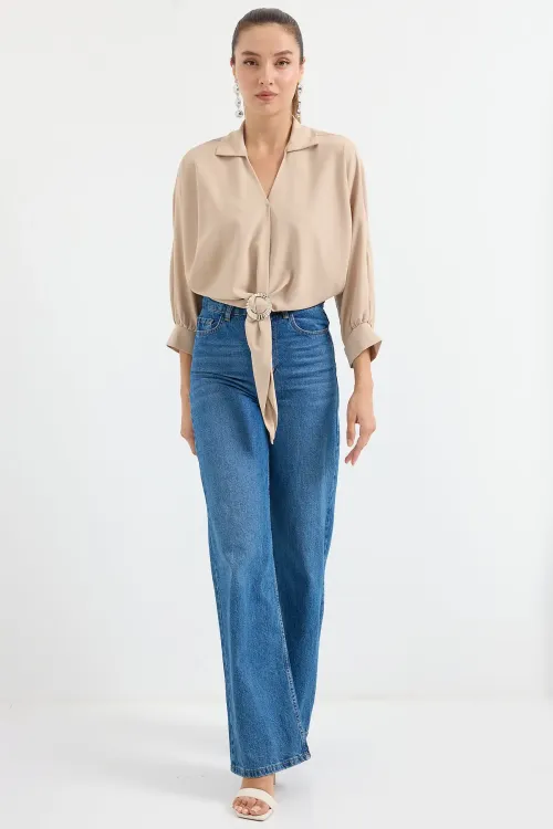 905 Oversize Dökümlü Bluz - Bej