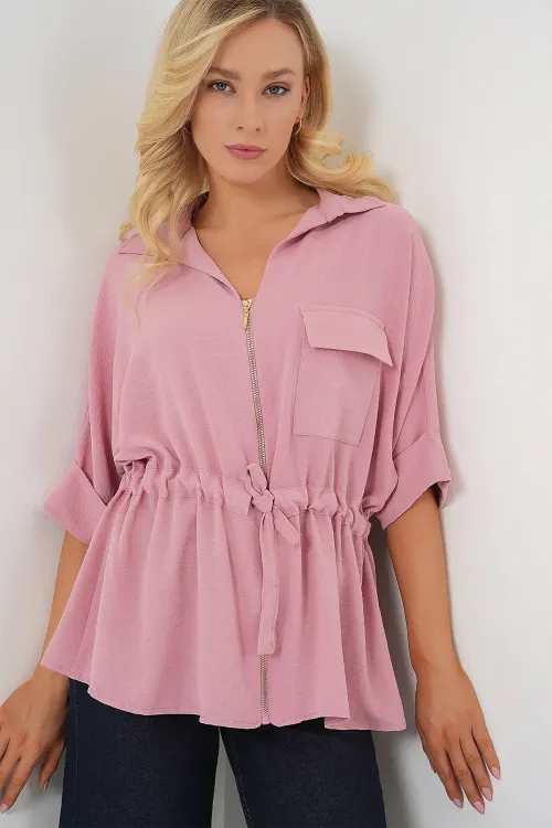 Fermuarlı Kadın Gömlek 0721 - Pudra