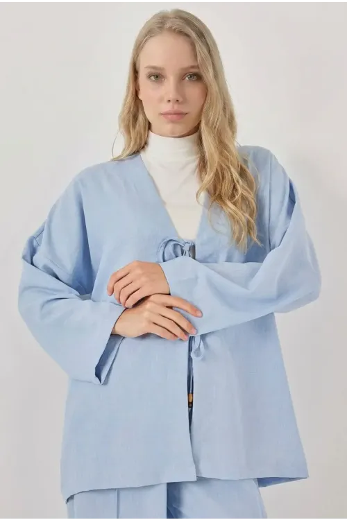 Kadın Açık Mavi Keten Bağlama Detaylı Kimono Pantolon İkili Takım HZL26S-BD167271