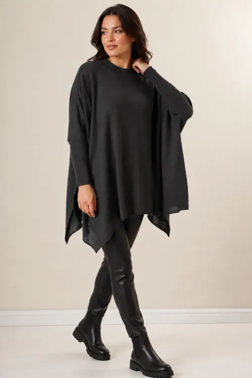 Kadın Antrasit Oversize Yırtmaçlı Panço Triko Kazak Hzl23w-bd1100761