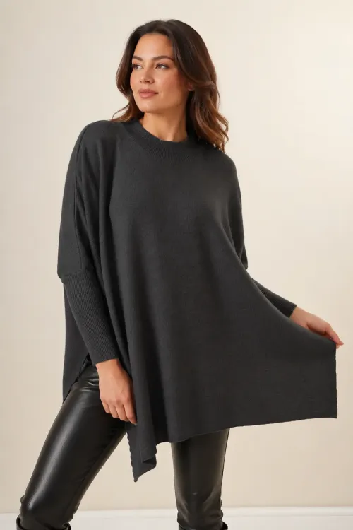 Kadın Antrasit Oversize Yırtmaçlı Panço Triko Kazak Hzl23w-bd1100761
