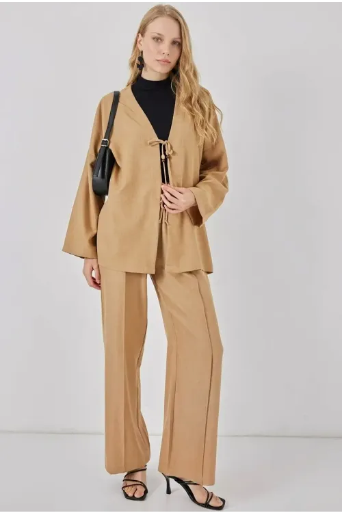 Kadın Bej Keten Bağlama Detaylı Kimono Pantolon İkili Takım HZL26S-BD167271