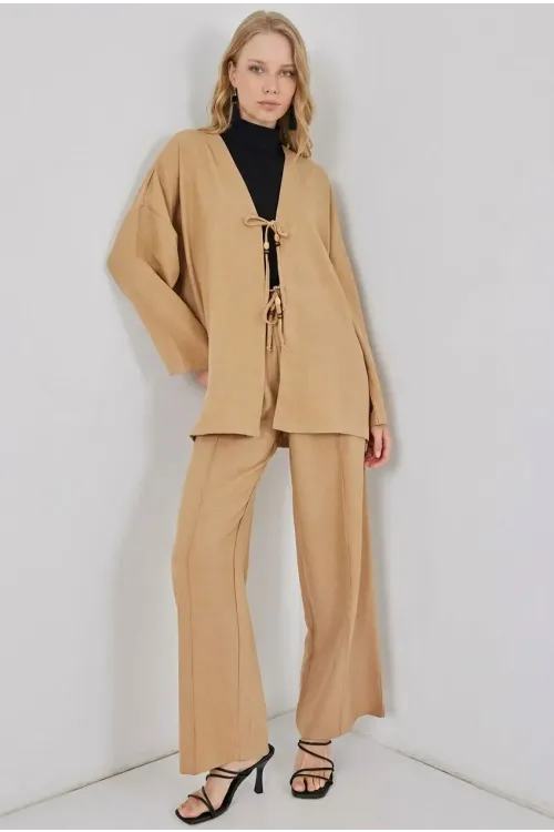 Kadın Bej Keten Bağlama Detaylı Kimono Pantolon İkili Takım HZL26S-BD167271