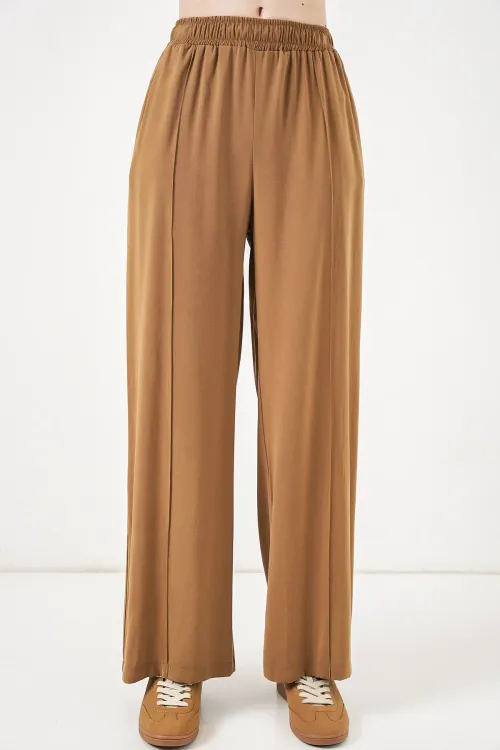Kadın Beli Lastikli Bol Paça Pantolon 30087 - Taba