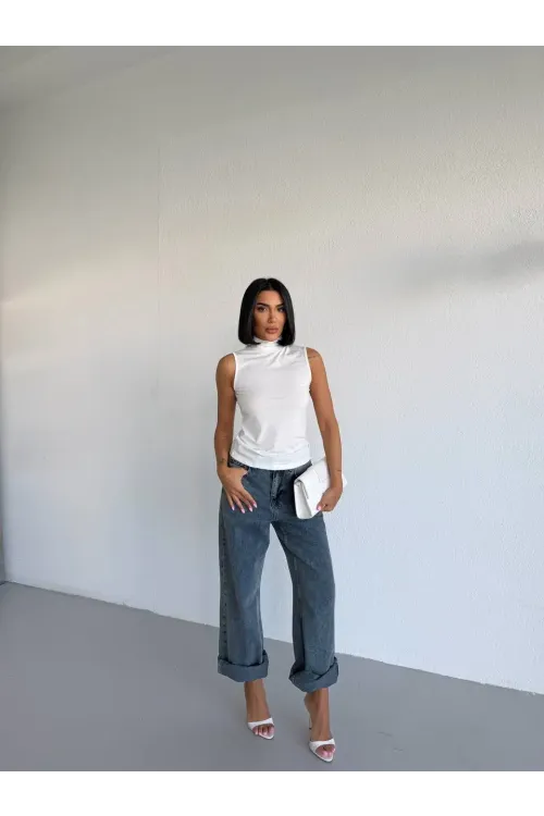 Kadın Beyaz Balıkçı Yaka Sıfır Kol Sandy Crop Bluz HZL26S-FRY123931