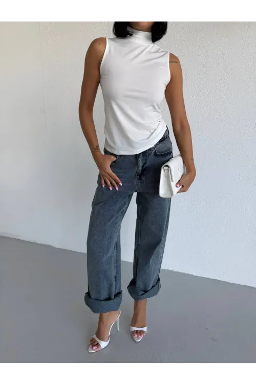 Kadın Beyaz Balıkçı Yaka Sıfır Kol Sandy Crop Bluz HZL26S-FRY123931