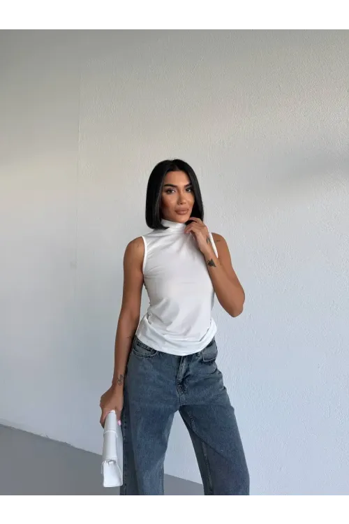 Kadın Beyaz Balıkçı Yaka Sıfır Kol Sandy Crop Bluz HZL26S-FRY123931